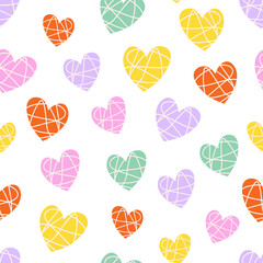 Colorful abstract hearts seamless pattern. Hand drawn doodle shapes background. 90s viibes texture for textile, cover, wrapping paper, wallpaper design