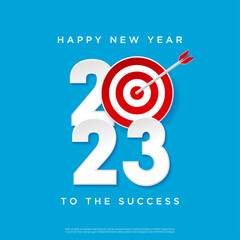 Happy New Year 2023 concept. Greeting card and round target with arrow. square background.
