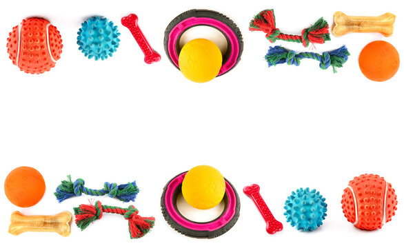 Dog toys isolated on white . Collage. Free space for text.