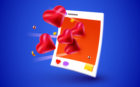 Social media photo frame with hearts. Likes and followers concept.