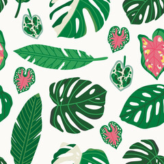 Abstract Tropical leaves. Beautiful exotic foliage. Hand drawn modern Vector illustration. Cartoon style, flat design. Square seamless Pattern. Background, wallpaper. Textile print template