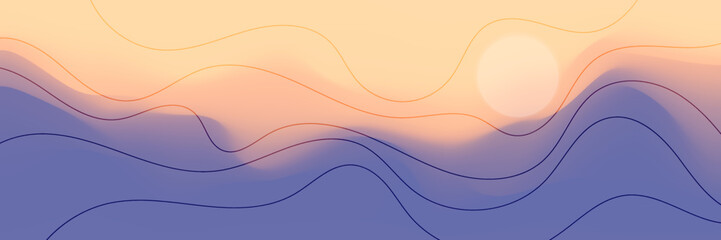 Mountain panoramic view, abstract stylization, sunset light and sun, vector illustration