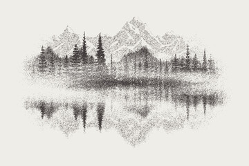 Fototapeta na wymiar Forest and mountains are reflected in the lake, vignette. Vector sketch, imitation of a pencil drawing.