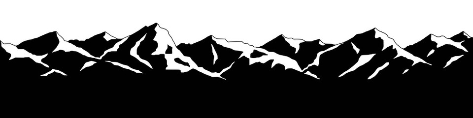 Snow covered mountain peaks, mountain range panoramic view, black and white landscape