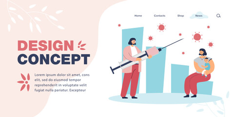 Mother with child and medical professional with huge syringe. Family getting vaccinated flat vector illustration. Vaccination, coronavirus, health concept for banner, website design or landing page