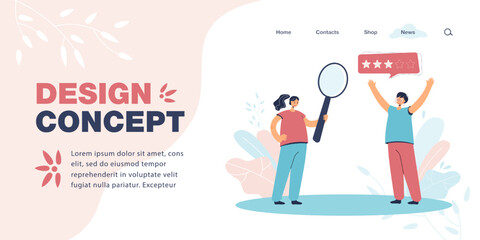 Manager examining customer reviews of product or service. Person with magnifying glass and happy client flat vector illustration. Satisfaction rating, communication concept for banner, website design