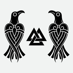 Fototapeta premium Scandinavian Viking design. Two black crows drawn in Old Norse Celtic style
