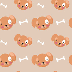 Cute animal face, dog muzzle, fluffy head seamless pattern. Childish design of wrapping paper, fabric, textile, graphic, print. Cartoon vector illustration. Texture, background, wallpapers, ornament