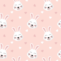 Cute hare seamless pattern, hare muzzle, head. Cartoon vector illustration. Girl texture, background, wallpapers, ornament. Childish design of wrapping paper, fabric, textile, graphic, print