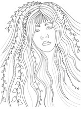 magical forest princess in flowers and plants, coloring book