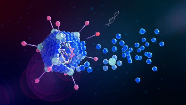 In genetic engineering a genetically modified virus can be used for gene therapy or vaccinations. Here an adenovirus with manipulated double-stranded DNA. 3d conceptual illustration