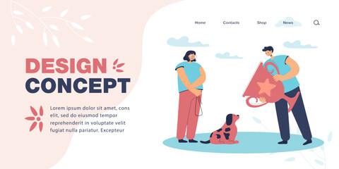 Man giving prize to dog for winning in competition. Happy female owner receiving gold cup for first place flat vector illustration. Victory concept for banner, website design or landing web page