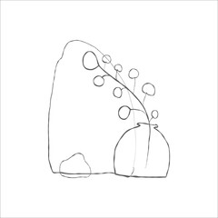 Grass Stem in a vase and stones. Hand drawn illustration. Linear art print for t-shirt design, shopper and home decor