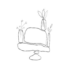 Wild herbs in a vase and stones. Hand drawn illustration. Linear art print for t-shirt design, shopper and home decor