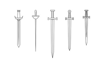  Medieval long swords drawn art line style. Set of simple vector images