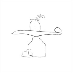 Herbs in a vase and stones. Hand drawn illustration. Linear art print for t-shirt design, shopper and home decor