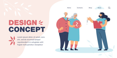 Senior couple buying face masks from girl with box. Old woman holding gold coin flat vector illustration. Health, elderly care, coronavirus concept for banner, website design or landing web page