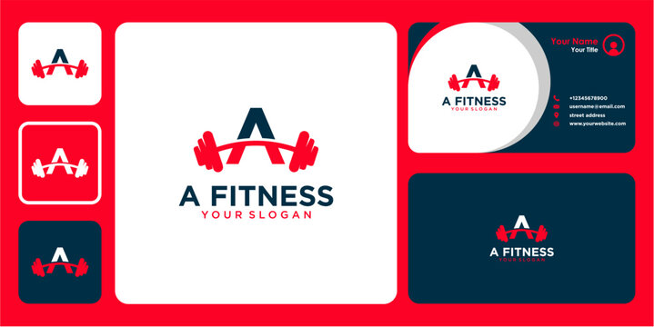 letter a logo design with fitness or barbell and business card - Powered by Adobe