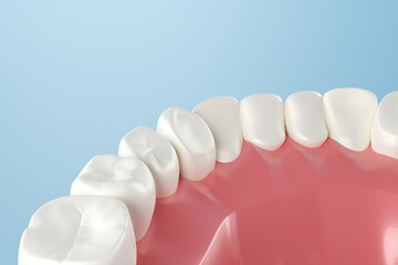 Dental healthy teeth and gum with blue background. 3D rendering. - obrazy, fototapety, plakaty