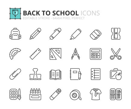 Simple set of outline icons about back to school