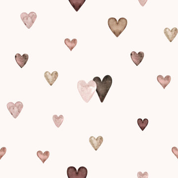 Stylish pattern with watercolor love hearts. Rose and beige seamless background, Digital paper nad textile. Valentine day