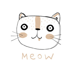 Cute Childish Stayle Drawing with Black Sketched Abstract Cat Isolated on a White Background. Funny Hand Drawn Vector Print with Happy Kitten Head and Handwritten Meow. Nursery Art.