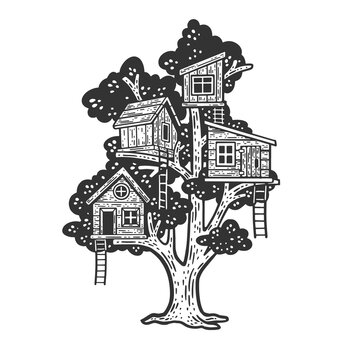 Wooden children tree houses on tree sketch engraving vector illustration. Scratch board imitation. Black and white hand drawn image.