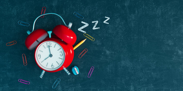 Ringing red alarm clock on black chalkboard background. School beginning concept 3D Rendering, 3D Illustration