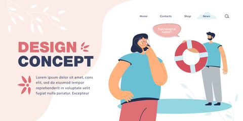 Therapist or friend holding lifebuoy as symbol of help. Woman thinking of therapy flat vector illustration. Psychology, support, mental health concept for banner, website design or landing web page