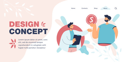 Man giving gold coin to doctor flat vector illustration. Patient paying for visiting therapist or medical examination. Medicine, money concept for banner, website design or landing web page