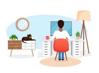 Male freelancer sits at a desk working at home at a computer. Back view of the guy. Remote work, office at home, programming. Study at home in quarantine. Vector illustration. Cozy workspace.