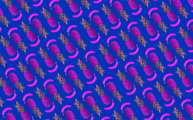 Seamless pineapple and banana pattern illustration, blue background - stock illustration