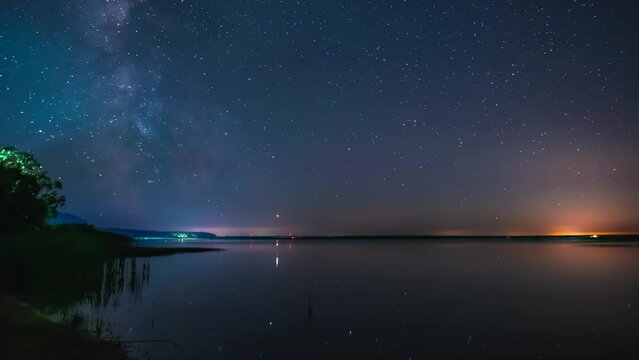 Timelapse of starry night on a calm lake with flat water surface. Milky way is moving fast on a night sky