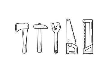 Axe hammer saw wrench, doodle icons of garden or construction hand tools. Vector illustration.