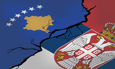 Isometric vector. Flags of Serbia and Kosovo on crack background. Crisis in relations between countries. War on the border. Political dialogue and meeting of the presidents.