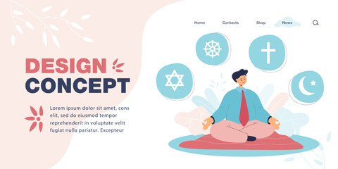 Student or worker learning about different religions. Man with Judaism, Buddhism, Christianity and Islam symbols flat vector illustration. Religion, education concept for banner or landing web page