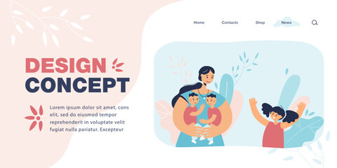 Mother with sons in hands and daughter flat vector illustration. Cute eldest daughter asking to be held by her mother. Motherhood, family concept for banner, website design or landing web page