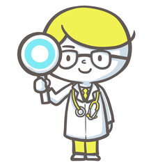 〇マークのプレートをもって解説する男性医師　黄色バージョン