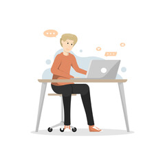 Young man chatting online with laptop, Digital marketing illustration.