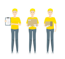 Obraz premium Cartoon young man standing design, Delivery man carrying box on isolated background, Vector illustration.