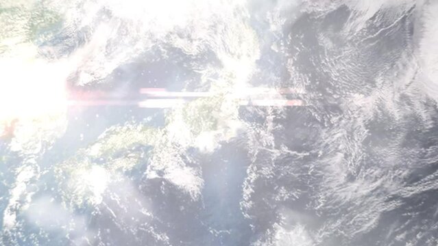 Earth zoom in from outer space to city. Zooming on Sayama, Saitama, Japan. The animation continues by zoom out through clouds and atmosphere into space. Images from NASA
