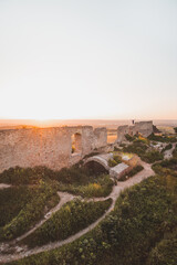 Obraz premium Historical remains of the old castle in Stary Jicin in the Moravian-Silesian region at sunset. Remains of the Middle Ages