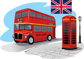 Fototapeta na wymiar red phone booth and red bus in London