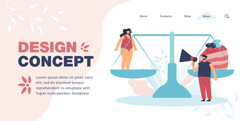 Woman and piece of cake on scale flat vector illustration. Man with loud speaker warning fat person about obesity. Healthcare, diet concept for banner, website design or landing web page