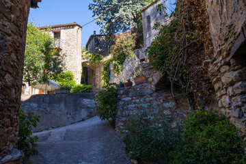 Fototapeta na wymiar Ruelle et maisons du village médiéval de Vieussan dans le Parc naturel du Haut-Languedoc