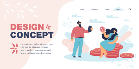 Woman posing for man while sitting on stack of gold coins. Female character earning money flat vector illustration. Finances, wealth, success concept for banner, website design or landing web page