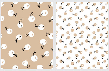 Cute Hand Drawn Semaless Vector Pattern with Childish Style Wild Berries on a White and Beige Background. Simple Nursery Print with Healhy Forest Fruits ideal for Fabric, Wrapping Paper, Textile.