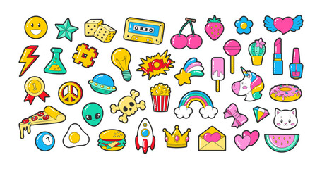 Trendy fashion patch badges cartoon illustration set. Cute colorful unicorn, crown, pizza, lipstick, rainbow, hearts and girl stuff stickers. Style, embroidery concept