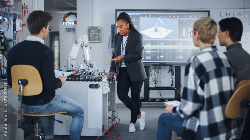Poster University Robotics Class: Black Teacher Explaining Engineering to Students Using Robot Arm. Diverse Group of Young Engineers Programming Robotic Hand. Computer Science Education Build, Design, Learn