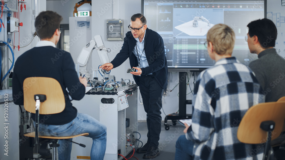 Aufkleber University Robotics Class. White Male Teacher Explaining Engineering to Students Using Robot Arm. Diverse Group of Young Engineers Sitting at University. Computer Science Education Build, Design